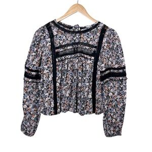 New with Tag American Eagle Cropped Long Sleeve Lace Floral Peasant Tie Blouse